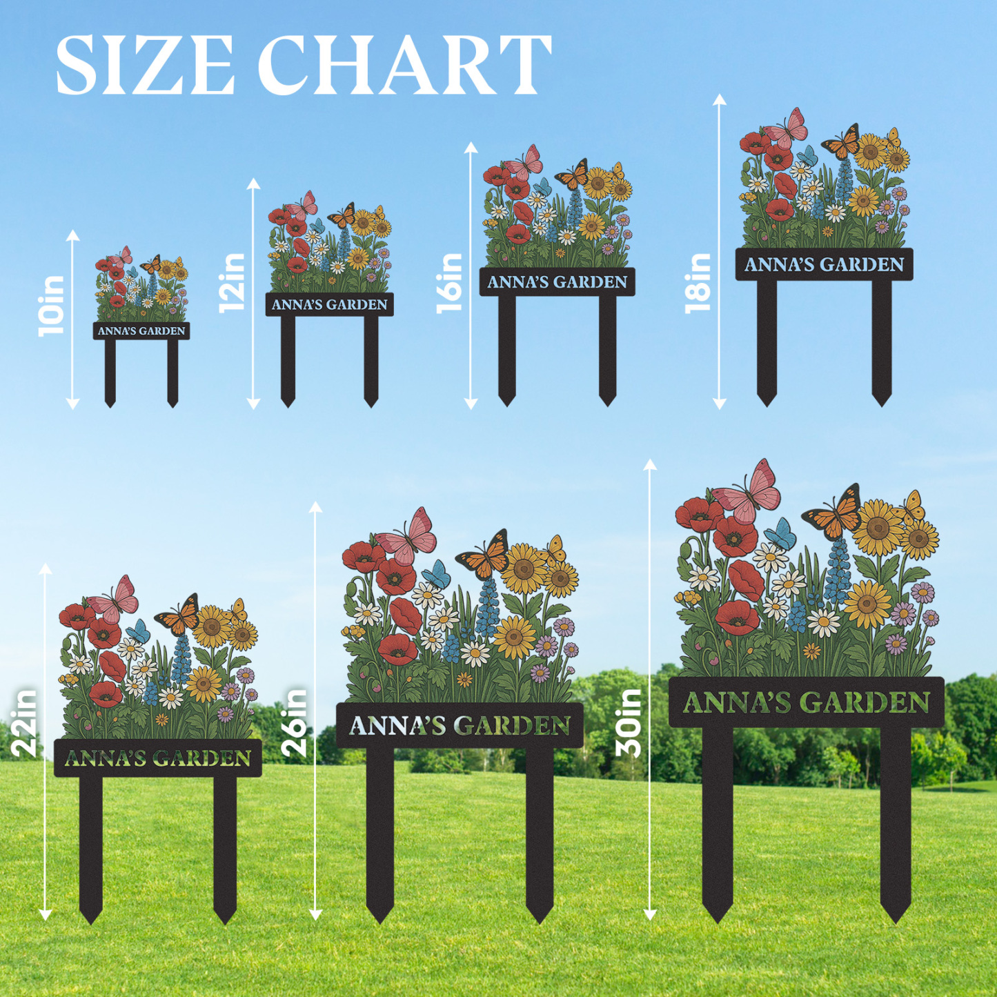 Custom Wildflower Garden Sign with Butterflies, Personalized Colorful Floral Yard Stake, Outdoor Metal Garden Decor, Custom Garden Name Sign for Women or Grandma's Garden
