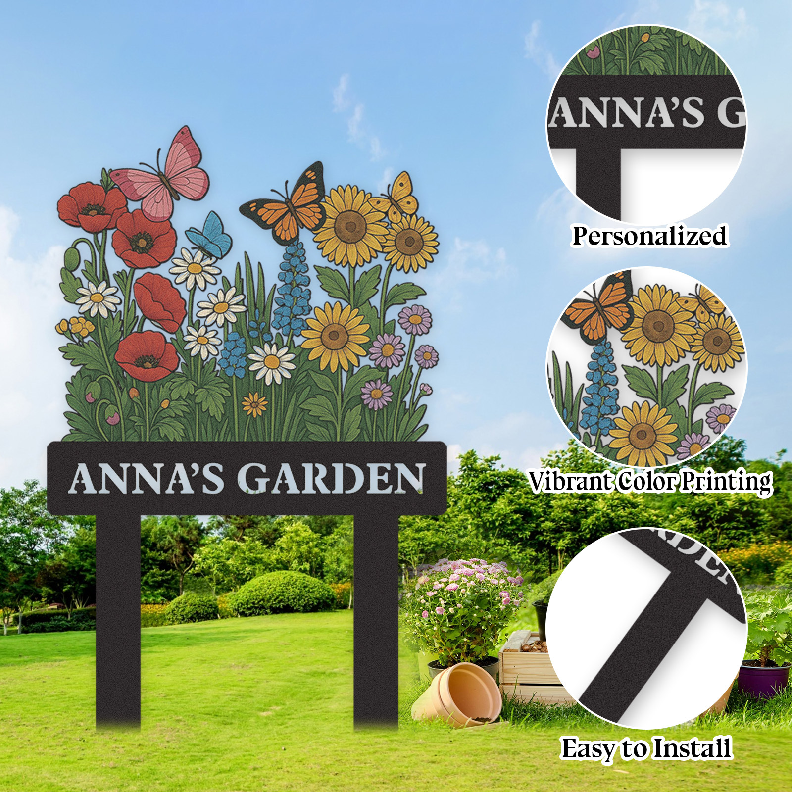 Custom Wildflower Garden Sign with Butterflies, Personalized Colorful Floral Yard Stake, Outdoor Metal Garden Decor, Custom Garden Name Sign for Women or Grandma's Garden