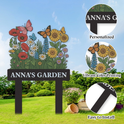 Custom Wildflower Garden Sign with Butterflies, Personalized Colorful Floral Yard Stake, Outdoor Metal Garden Decor, Custom Garden Name Sign for Women or Grandma's Garden