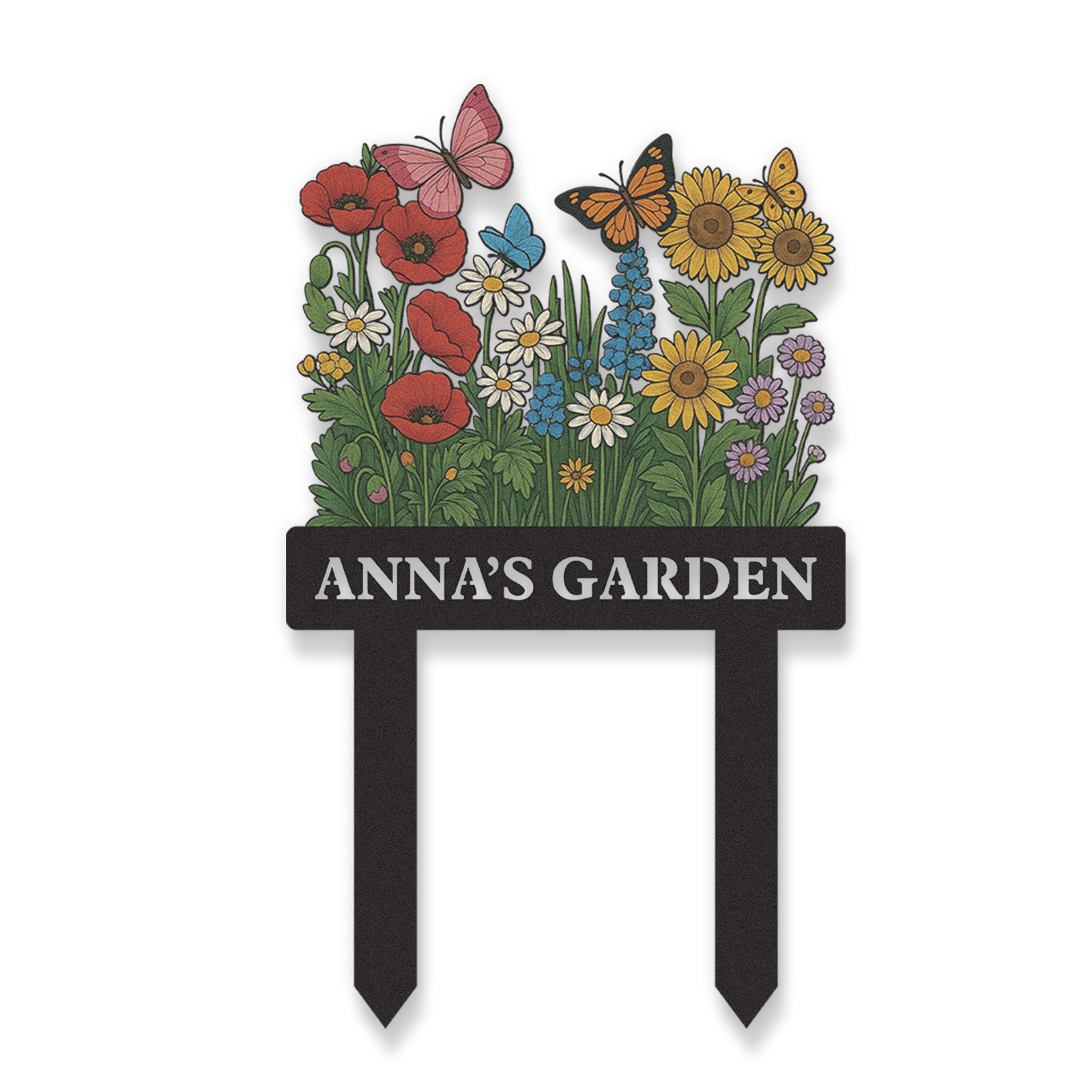 Custom Wildflower Garden Sign with Butterflies, Personalized Colorful Floral Yard Stake, Outdoor Metal Garden Decor, Custom Garden Name Sign for Women or Grandma's Garden