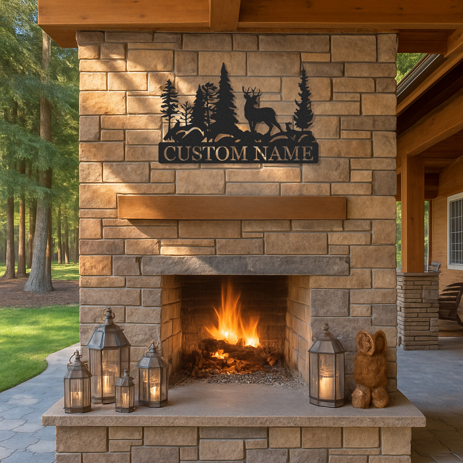 Personalized Forest Deer Metal Sign, Outdoor Nature Scene Wall Decor for Lodge Entryway or Family Cabin