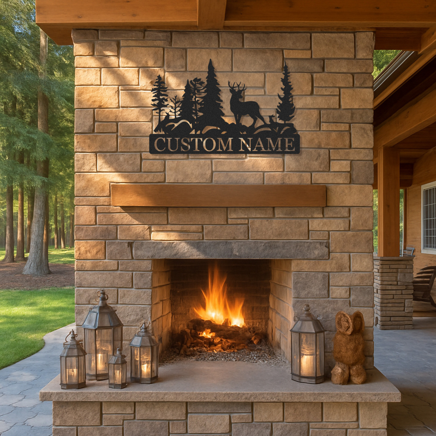 Personalized Forest Deer Metal Sign, Outdoor Nature Scene Wall Decor for Lodge Entryway or Family Cabin