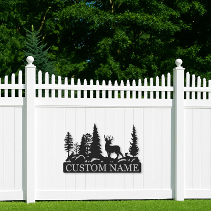 Personalized Forest Deer Metal Sign, Outdoor Nature Scene Wall Decor for Lodge Entryway or Family Cabin