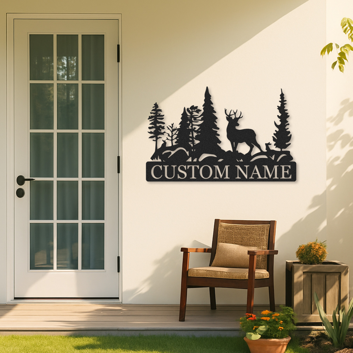 Personalized Forest Deer Metal Sign, Outdoor Nature Scene Wall Decor for Lodge Entryway or Family Cabin