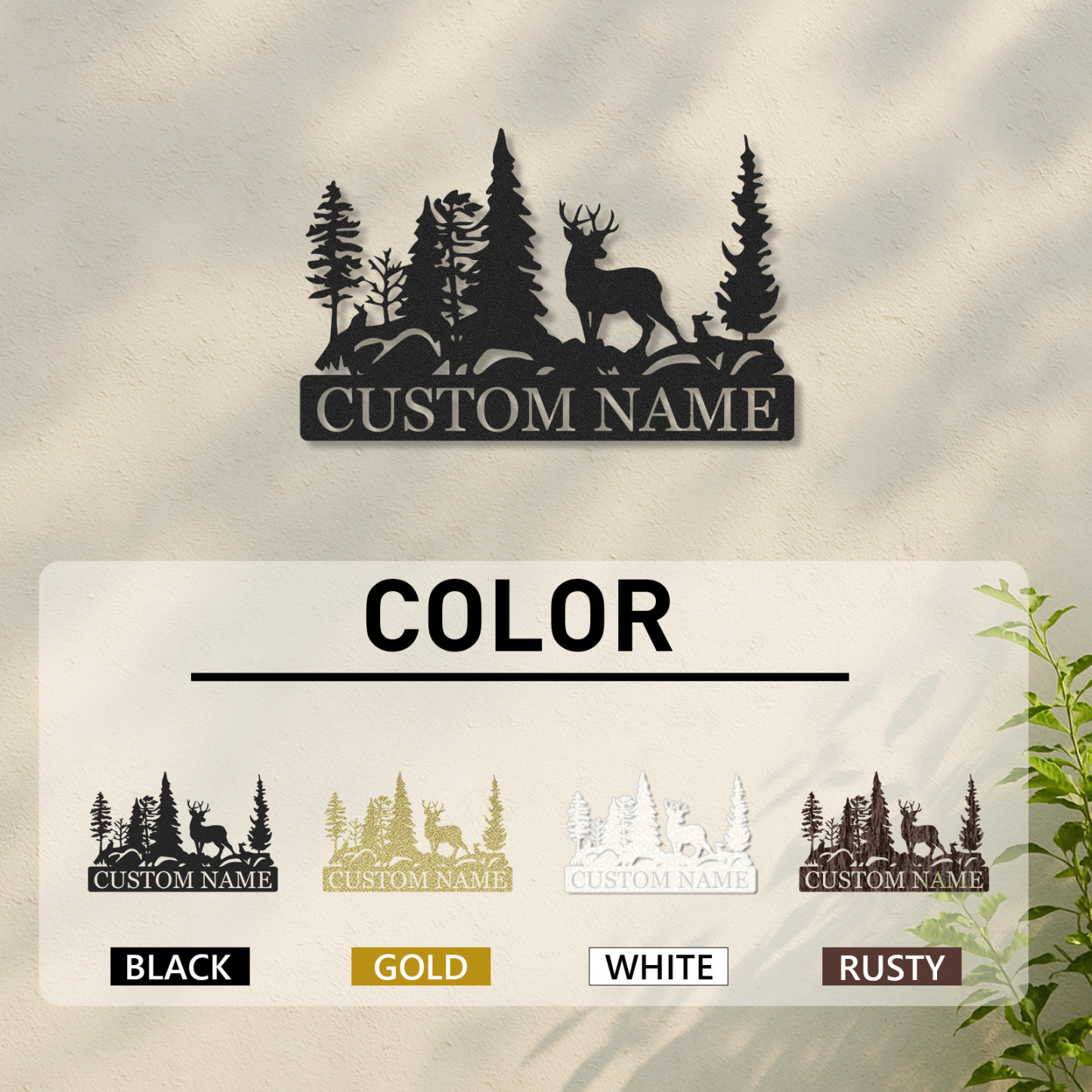 Personalized Forest Deer Metal Sign, Outdoor Nature Scene Wall Decor for Lodge Entryway or Family Cabin