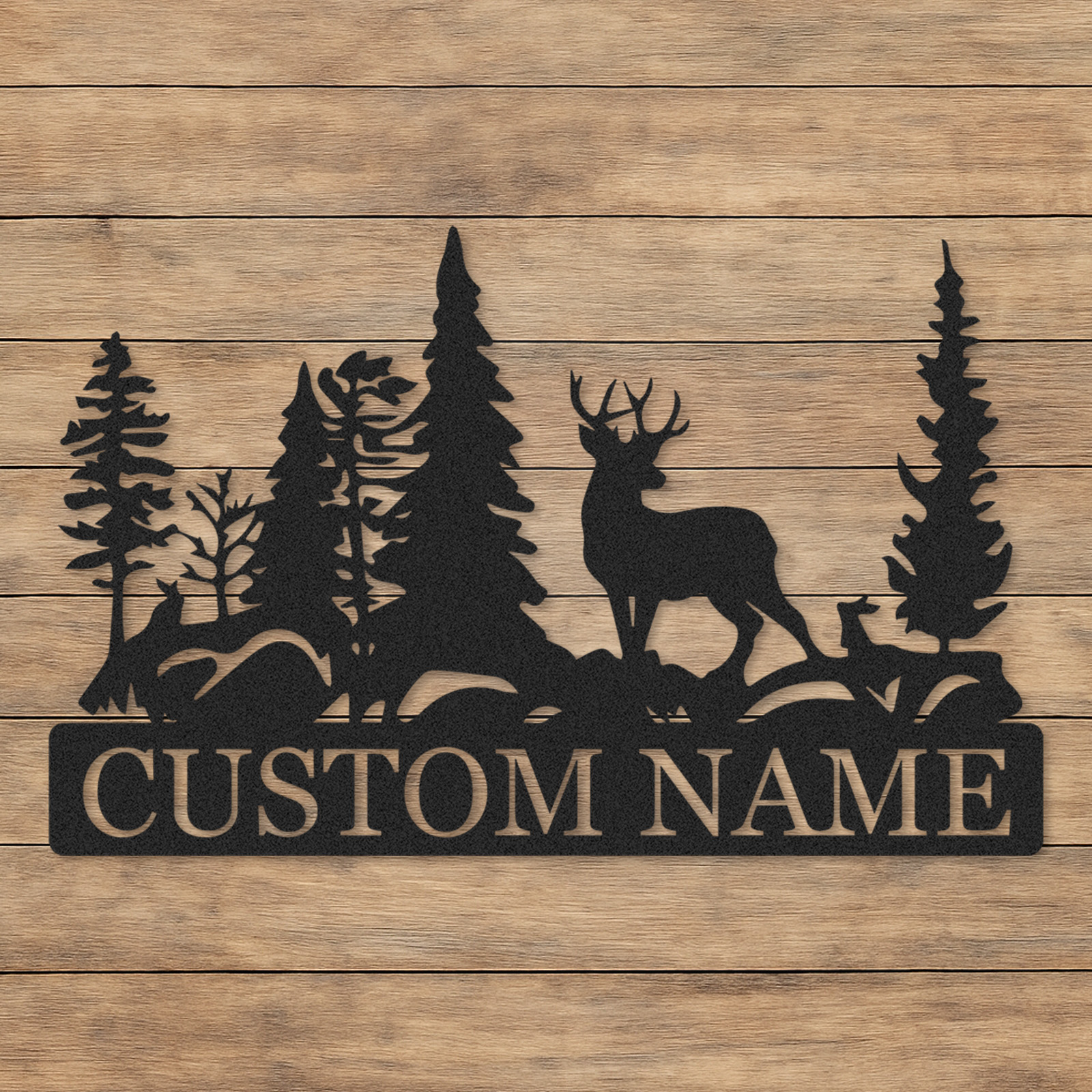 Personalized Forest Deer Metal Sign, Outdoor Nature Scene Wall Decor for Lodge Entryway or Family Cabin