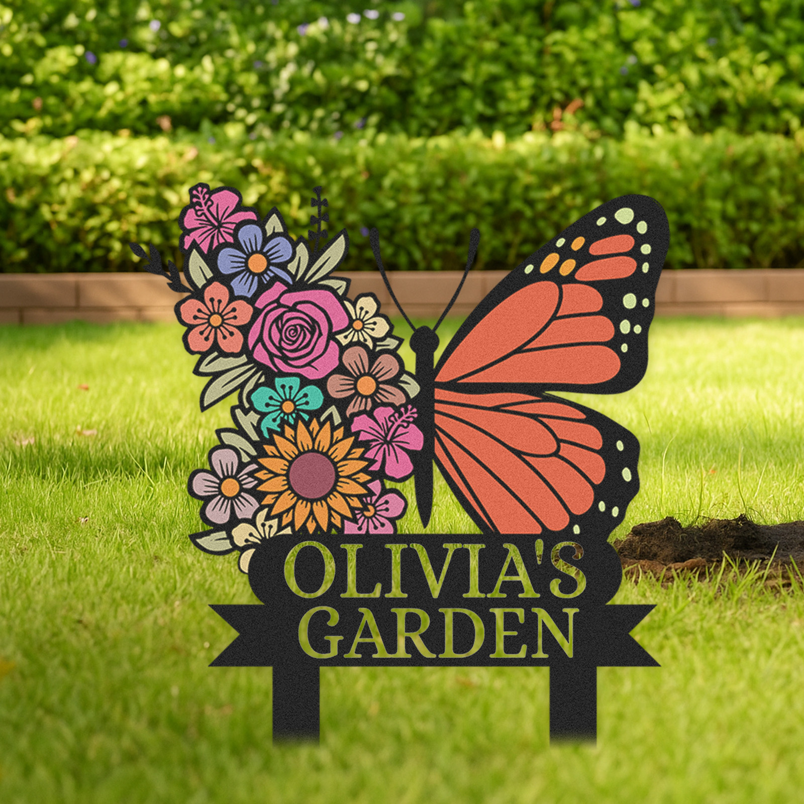 Custom Butterfly Flower Garden Sign, Personalized Outdoor Metal Yard Stake with Colorful Floral Design, Garden Name Sign for Women, Grandma, Mother's Day Gift