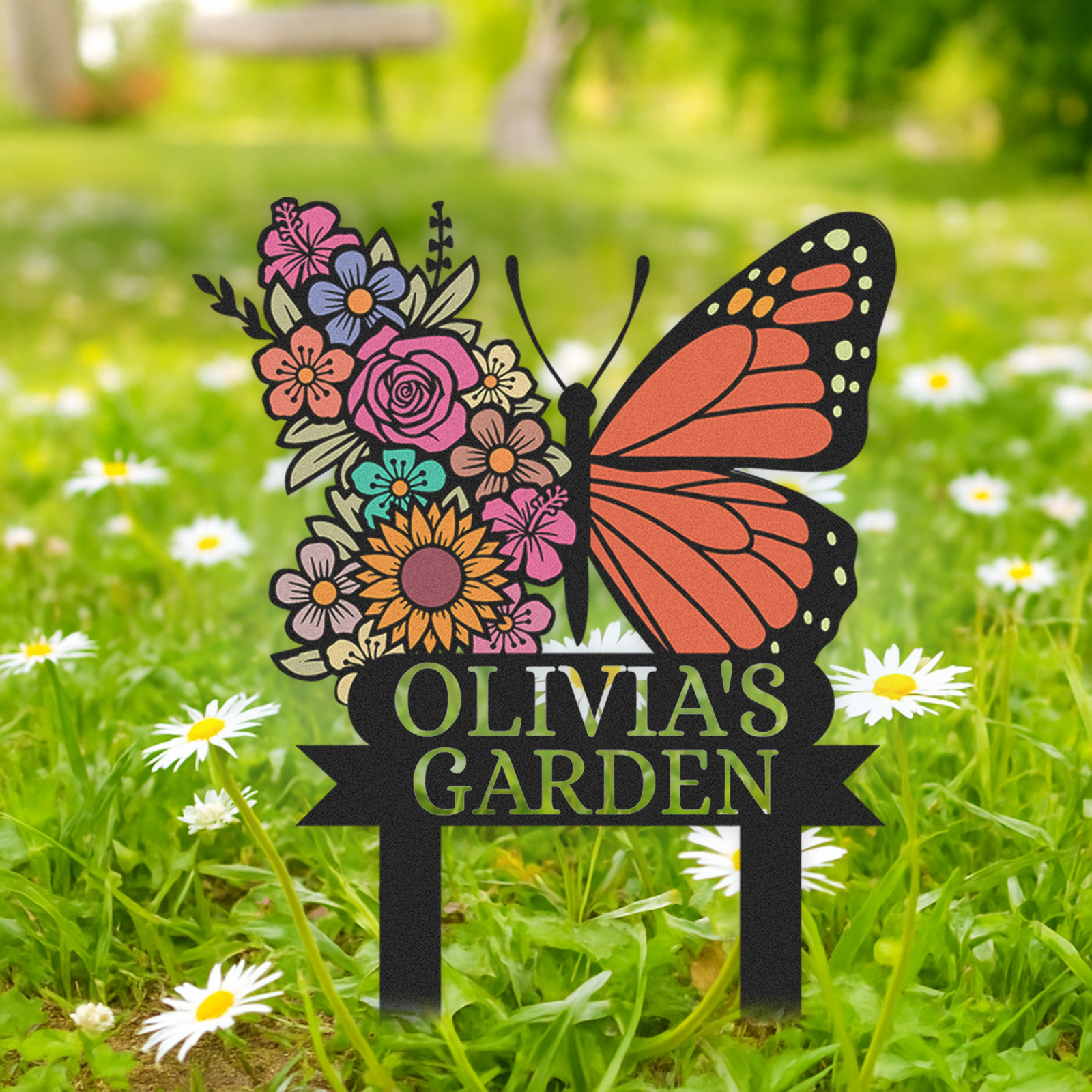 Custom Butterfly Flower Garden Sign, Personalized Outdoor Metal Yard Stake with Colorful Floral Design, Garden Name Sign for Women, Grandma, Mother's Day Gift