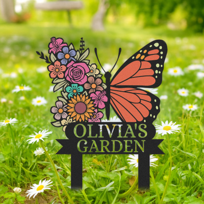 Custom Butterfly Flower Garden Sign, Personalized Outdoor Metal Yard Stake with Colorful Floral Design, Garden Name Sign for Women, Grandma, Mother's Day Gift