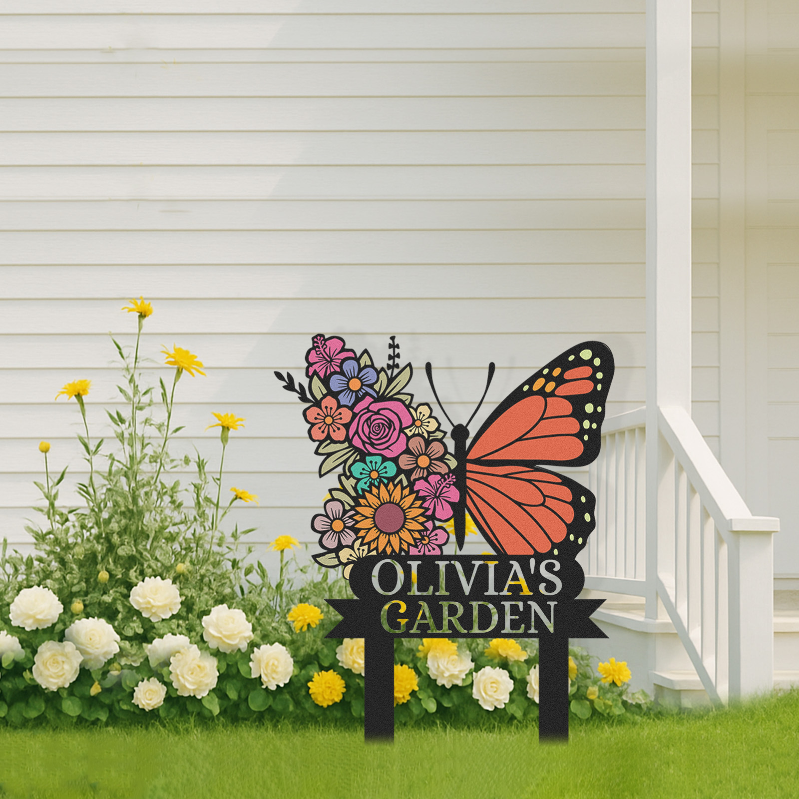 Custom Butterfly Flower Garden Sign, Personalized Outdoor Metal Yard Stake with Colorful Floral Design, Garden Name Sign for Women, Grandma, Mother's Day Gift