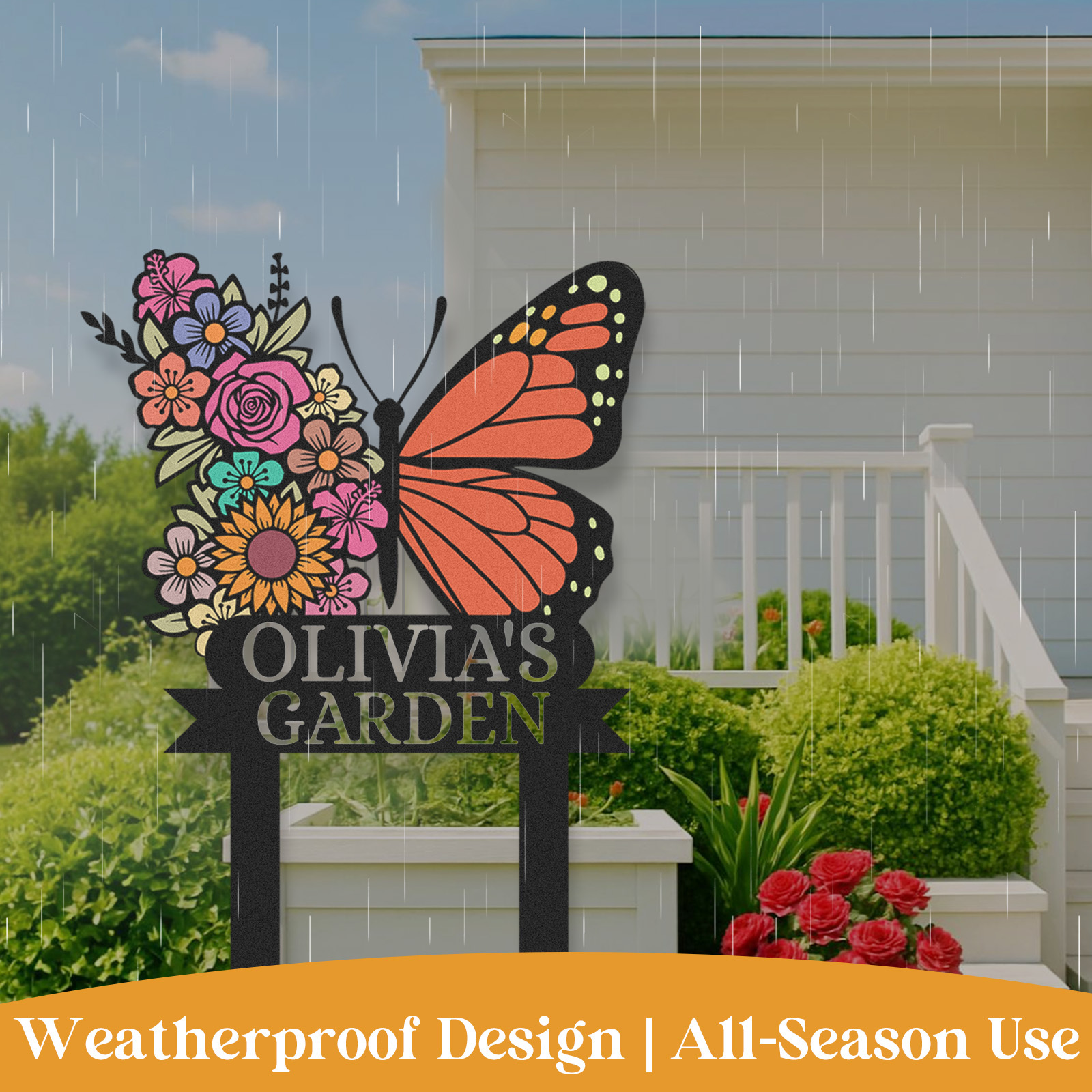 Custom Butterfly Flower Garden Sign, Personalized Outdoor Metal Yard Stake with Colorful Floral Design, Garden Name Sign for Women, Grandma, Mother's Day Gift