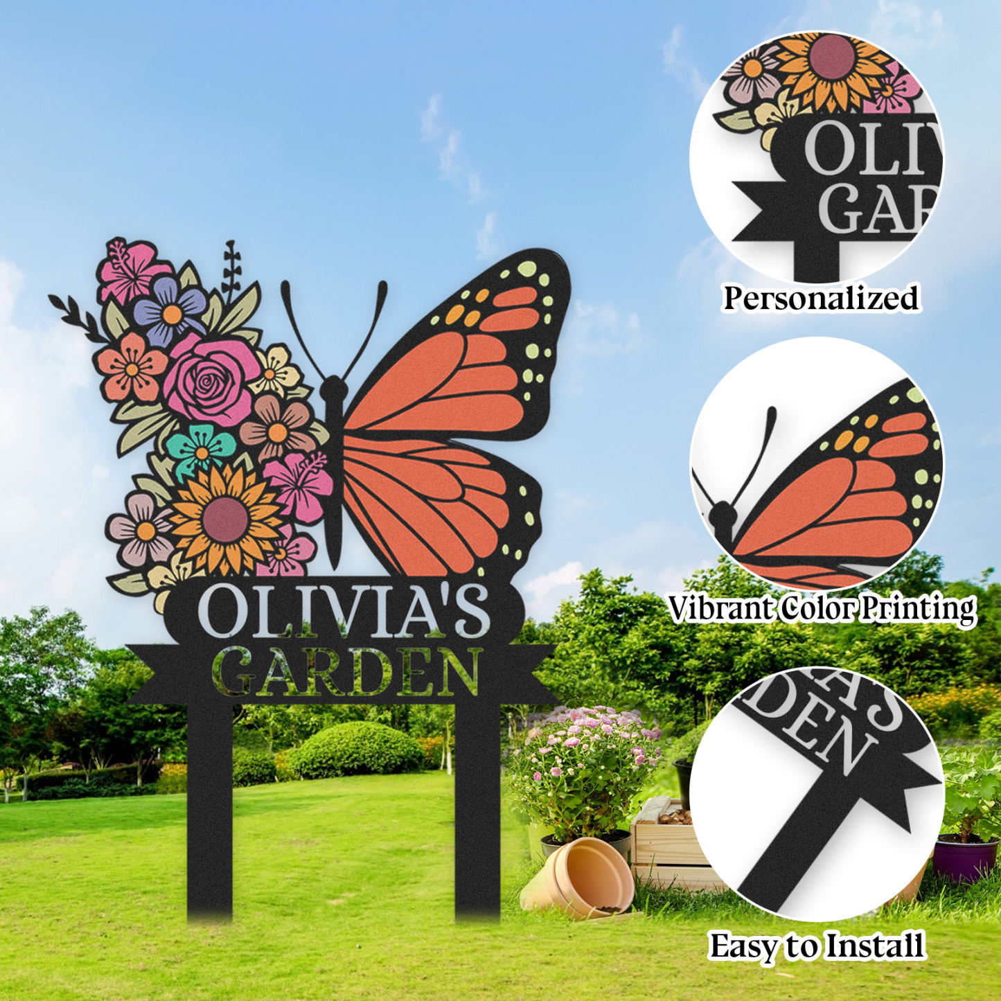 Custom Butterfly Flower Garden Sign, Personalized Outdoor Metal Yard Stake with Colorful Floral Design, Garden Name Sign for Women, Grandma, Mother's Day Gift