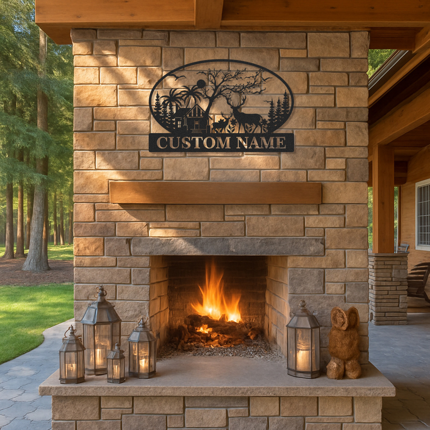 Custom Family Name Metal Sign with Deer Cabin and Trees, Personalized Woodland and Tropical House Decor