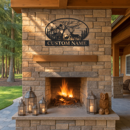 Custom Family Name Metal Sign with Deer Cabin and Trees, Personalized Woodland and Tropical House Decor