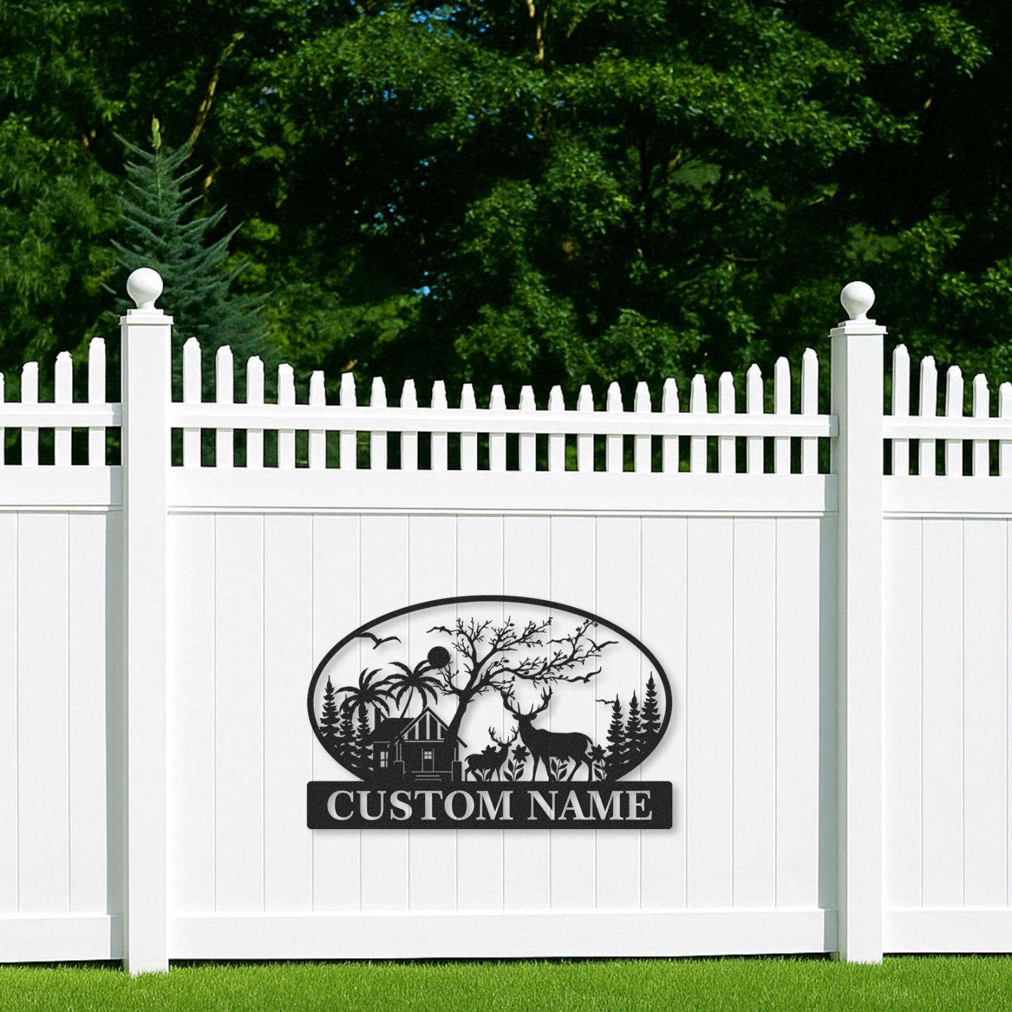 Custom Family Name Metal Sign with Deer Cabin and Trees, Personalized Woodland and Tropical House Decor