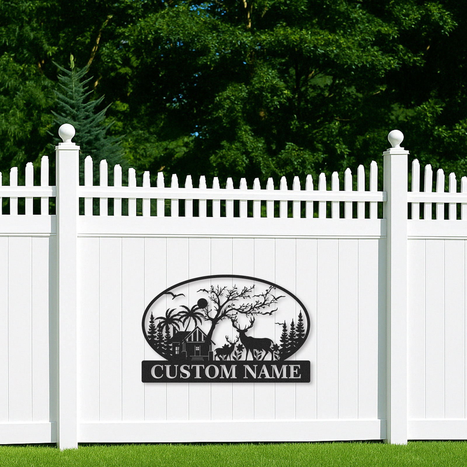 Custom Family Name Metal Sign with Deer Cabin and Trees, Personalized Woodland and Tropical House Decor