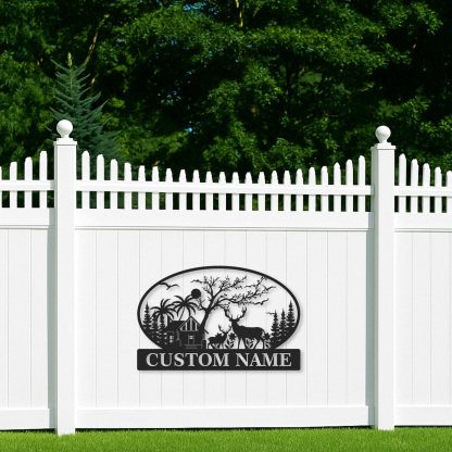 Custom Family Name Metal Sign with Deer Cabin and Trees, Personalized Woodland and Tropical House Decor