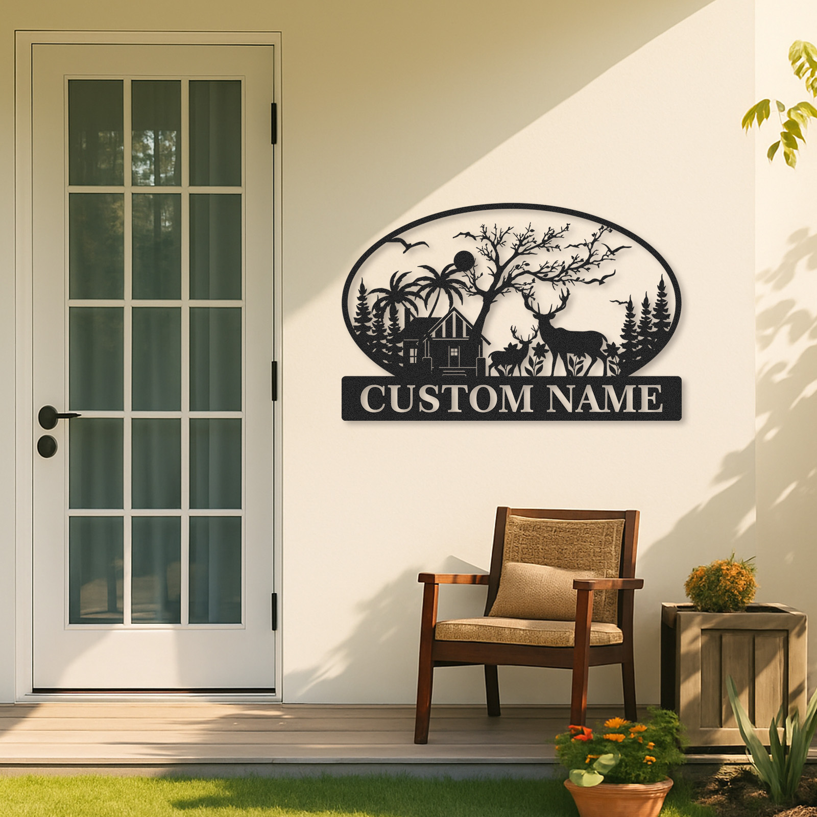 Custom Family Name Metal Sign with Deer Cabin and Trees, Personalized Woodland and Tropical House Decor