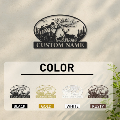 Custom Family Name Metal Sign with Deer Cabin and Trees, Personalized Woodland and Tropical House Decor