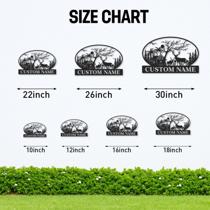 Custom Family Name Metal Sign with Deer Cabin and Trees, Personalized Woodland and Tropical House Decor