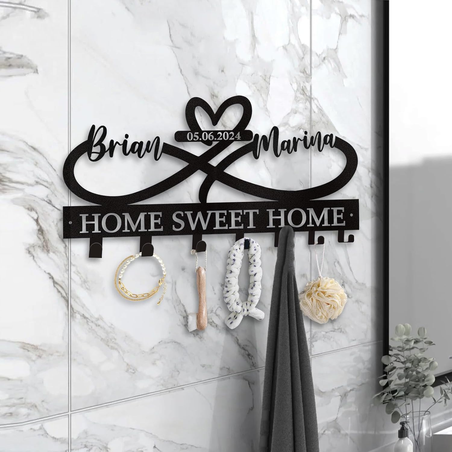 Custom Key Holder for Wall with Couple's Name, Heart Key Rack Wall Mount-MetalsignX