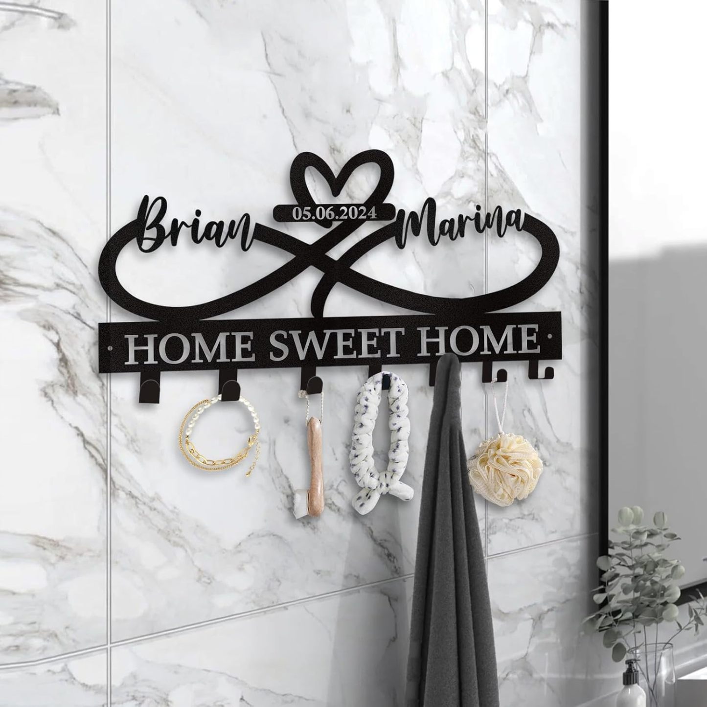 Custom Key Holder for Wall with Couple's Name, Heart Key Rack Wall Mount-MetalsignX