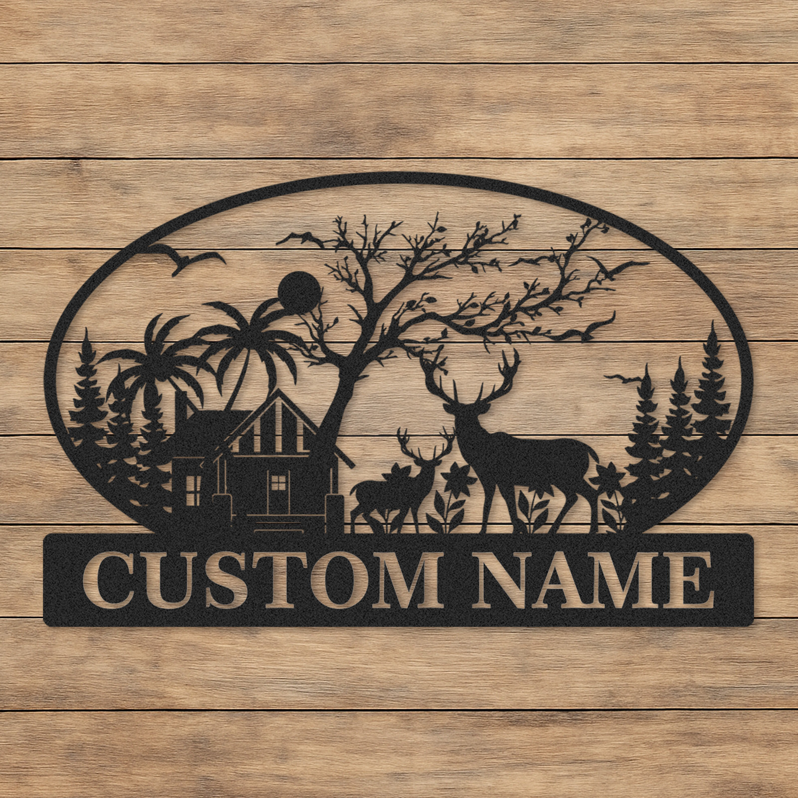 Custom Family Name Metal Sign with Deer Cabin and Trees, Personalized Woodland and Tropical House Decor