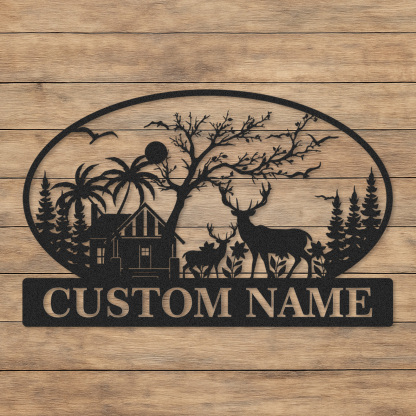 Custom Family Name Metal Sign with Deer Cabin and Trees, Personalized Woodland and Tropical House Decor