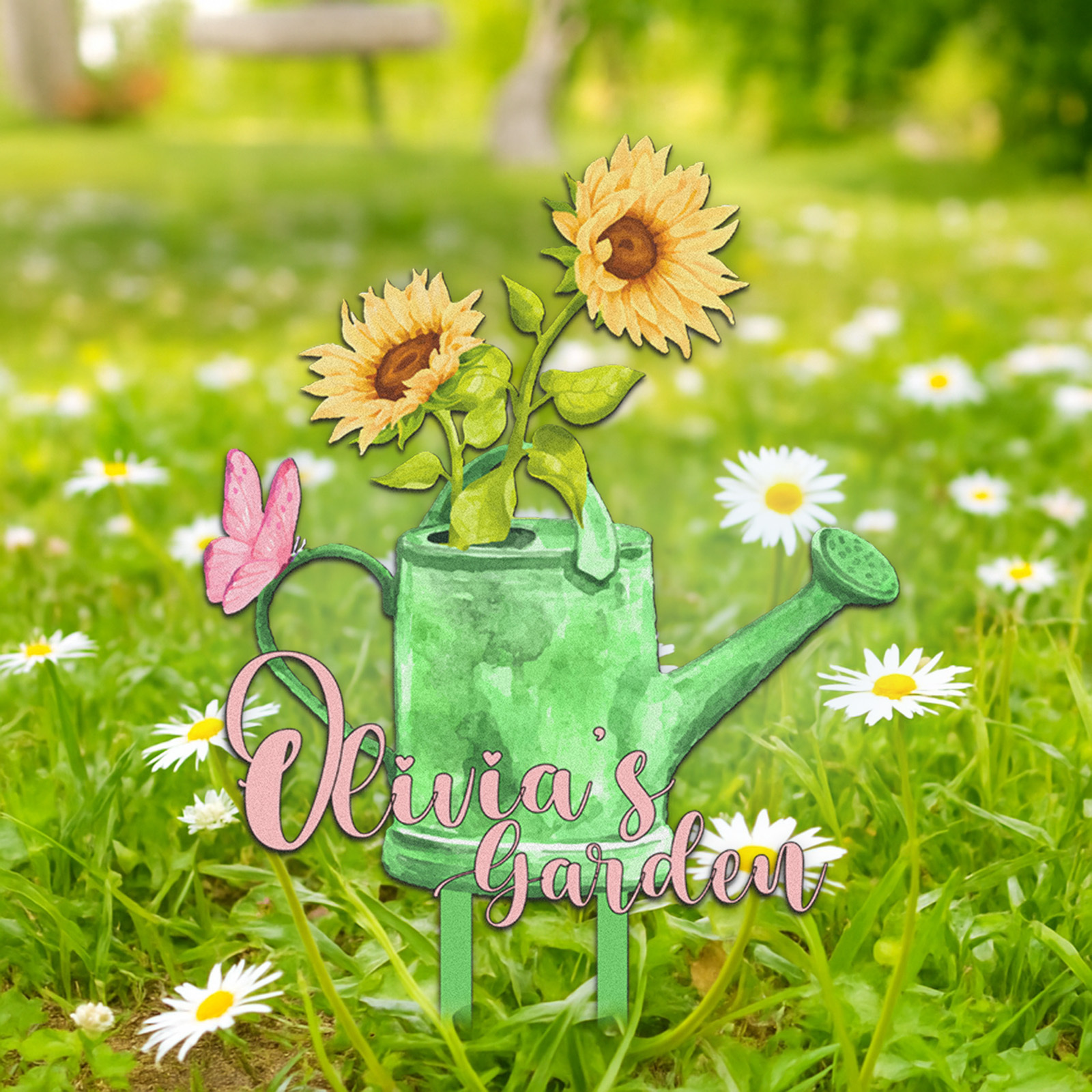 Personalized Watering Can Garden Sign with Sunflowers, Custom Outdoor Metal Yard Sign with Butterfly, Colorful Garden Decor for Grandma, Mom, Mother's Day Gift