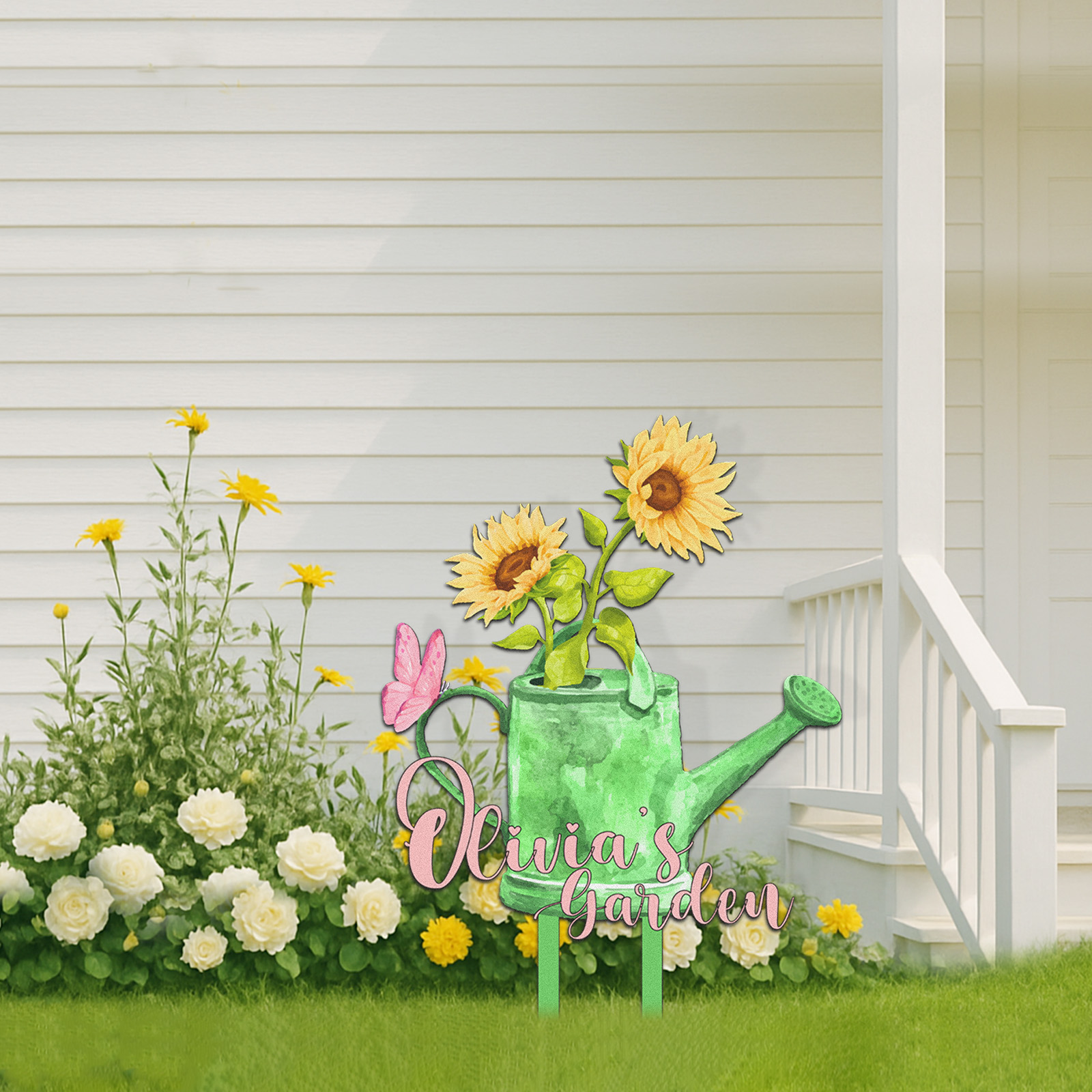 Personalized Watering Can Garden Sign with Sunflowers, Custom Outdoor Metal Yard Sign with Butterfly, Colorful Garden Decor for Grandma, Mom, Mother's Day Gift