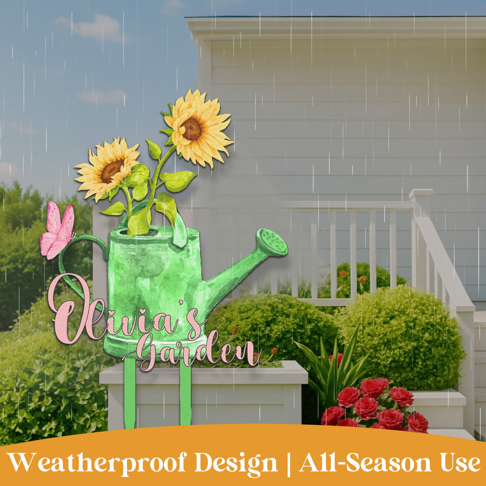 Personalized Watering Can Garden Sign with Sunflowers, Custom Outdoor Metal Yard Sign with Butterfly, Colorful Garden Decor for Grandma, Mom, Mother's Day Gift