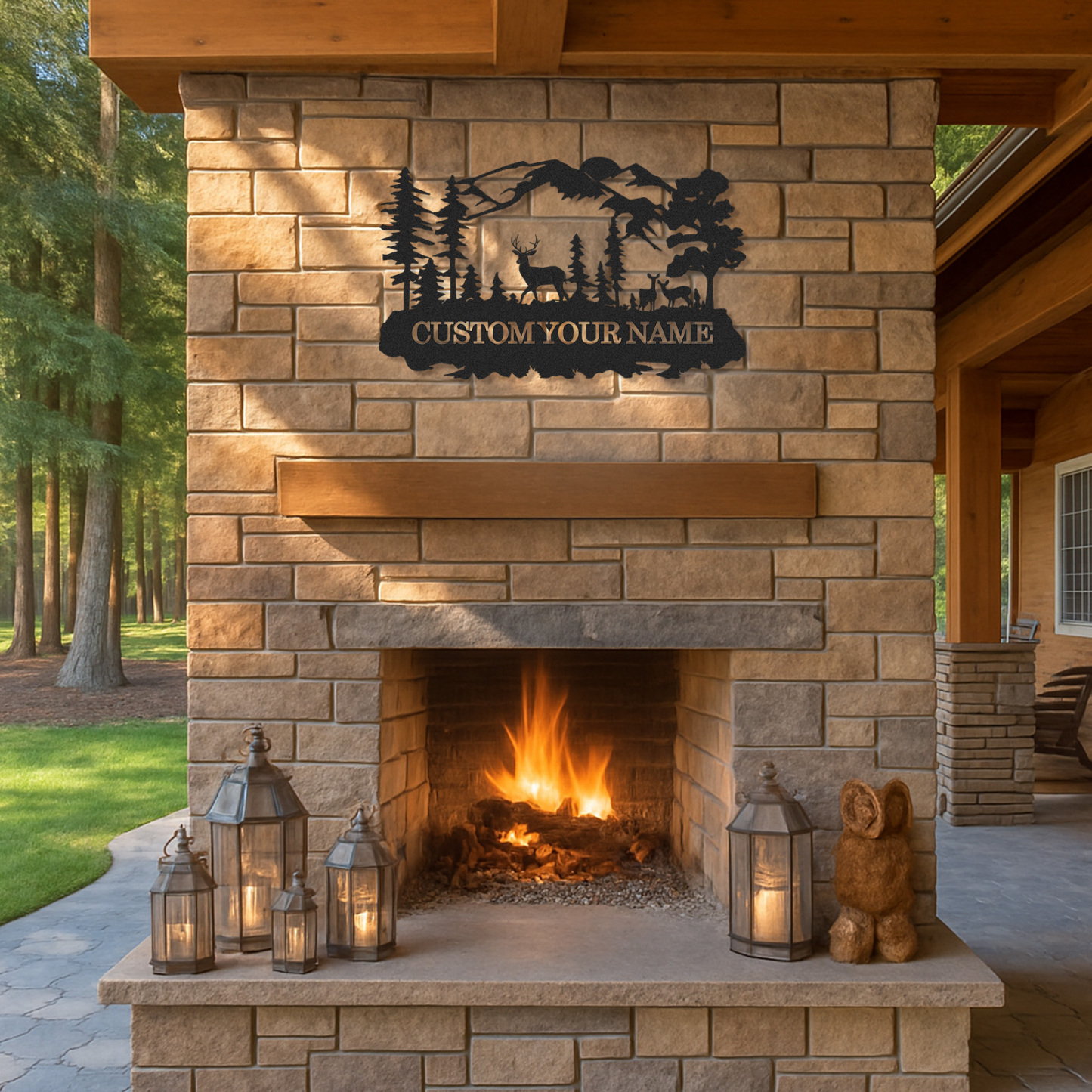 Deer Scene Custom Metal Sign, Personalized Woodland Mountain Decor for Cabin Porch or Nature Lover’s Gift