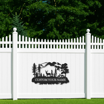 Deer Scene Custom Metal Sign, Personalized Woodland Mountain Decor for Cabin Porch or Nature Lover’s Gift