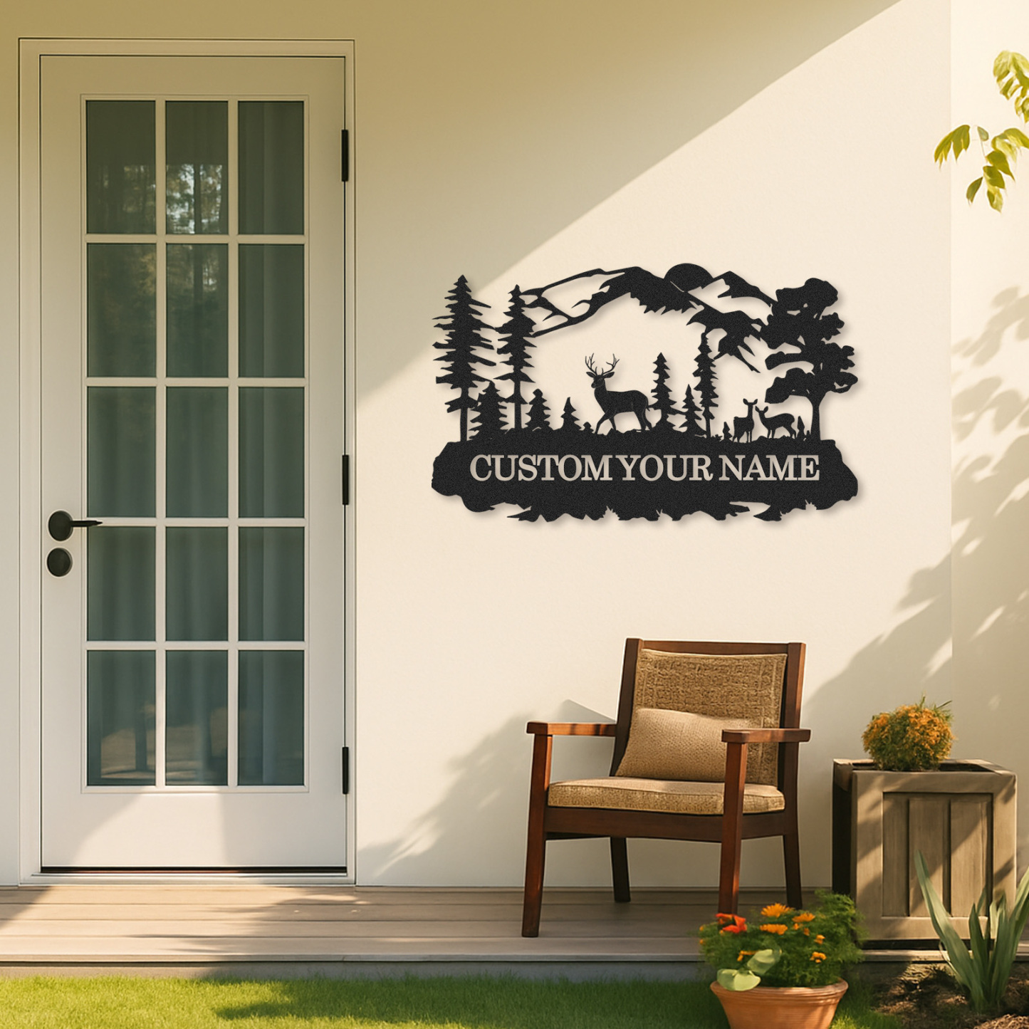 Deer Scene Custom Metal Sign, Personalized Woodland Mountain Decor for Cabin Porch or Nature Lover’s Gift