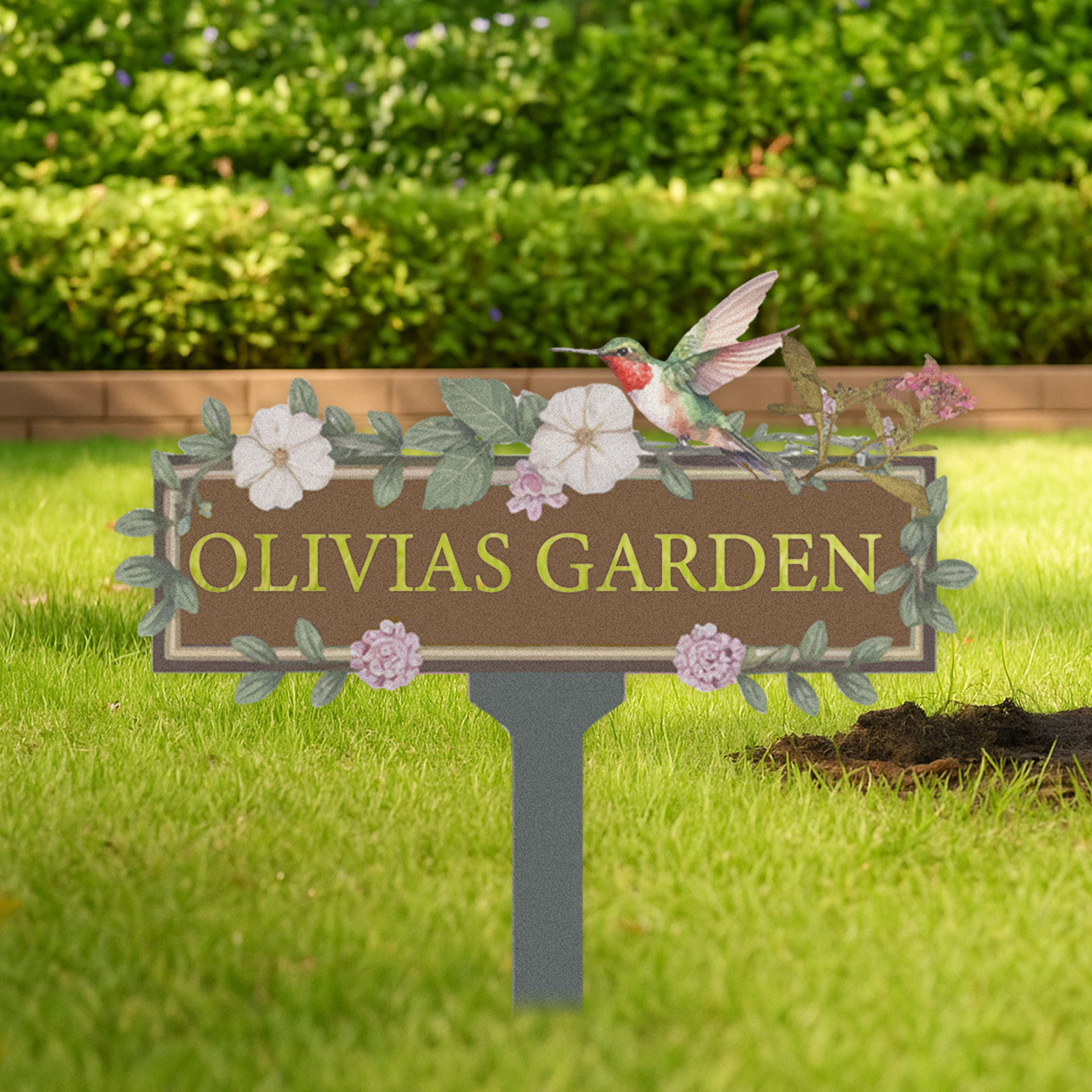 Custom Hummingbird Garden Sign, Personalized Brown Metal Floral Garden Name Sign for Yard or Patio, Outdoor Garden Decor with Vines and Flowers