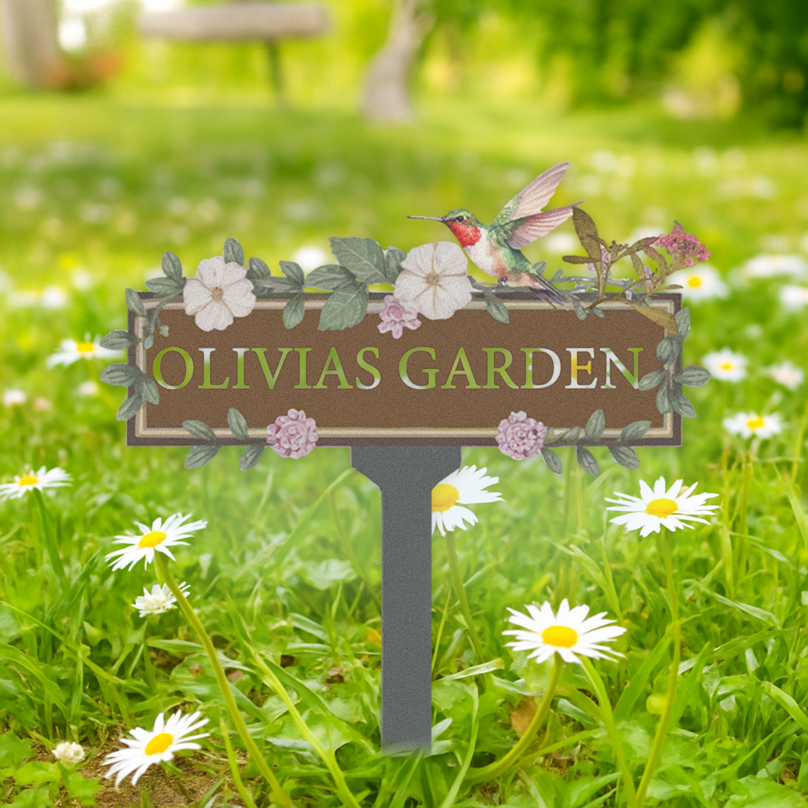Custom Hummingbird Garden Sign, Personalized Brown Metal Floral Garden Name Sign for Yard or Patio, Outdoor Garden Decor with Vines and Flowers