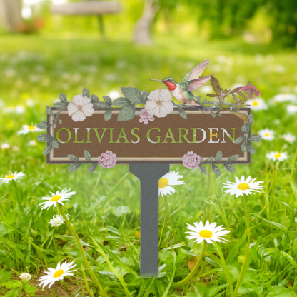 Custom Hummingbird Garden Sign, Personalized Brown Metal Floral Garden Name Sign for Yard or Patio, Outdoor Garden Decor with Vines and Flowers