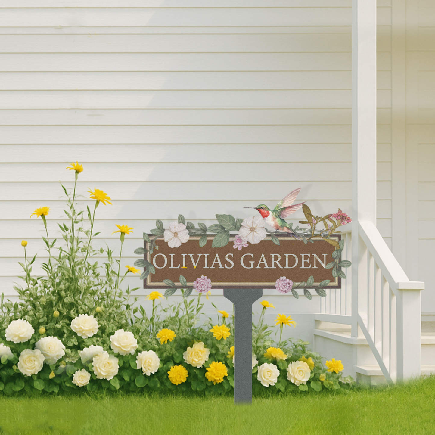 Custom Hummingbird Garden Sign, Personalized Brown Metal Floral Garden Name Sign for Yard or Patio, Outdoor Garden Decor with Vines and Flowers