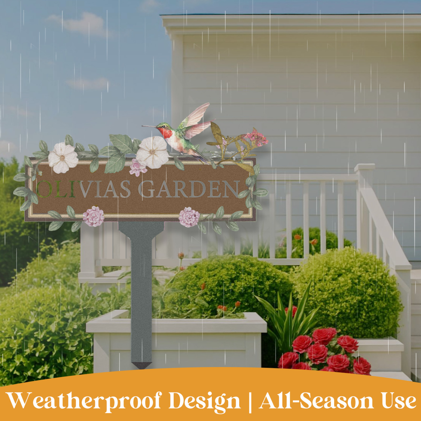 Custom Hummingbird Garden Sign, Personalized Brown Metal Floral Garden Name Sign for Yard or Patio, Outdoor Garden Decor with Vines and Flowers