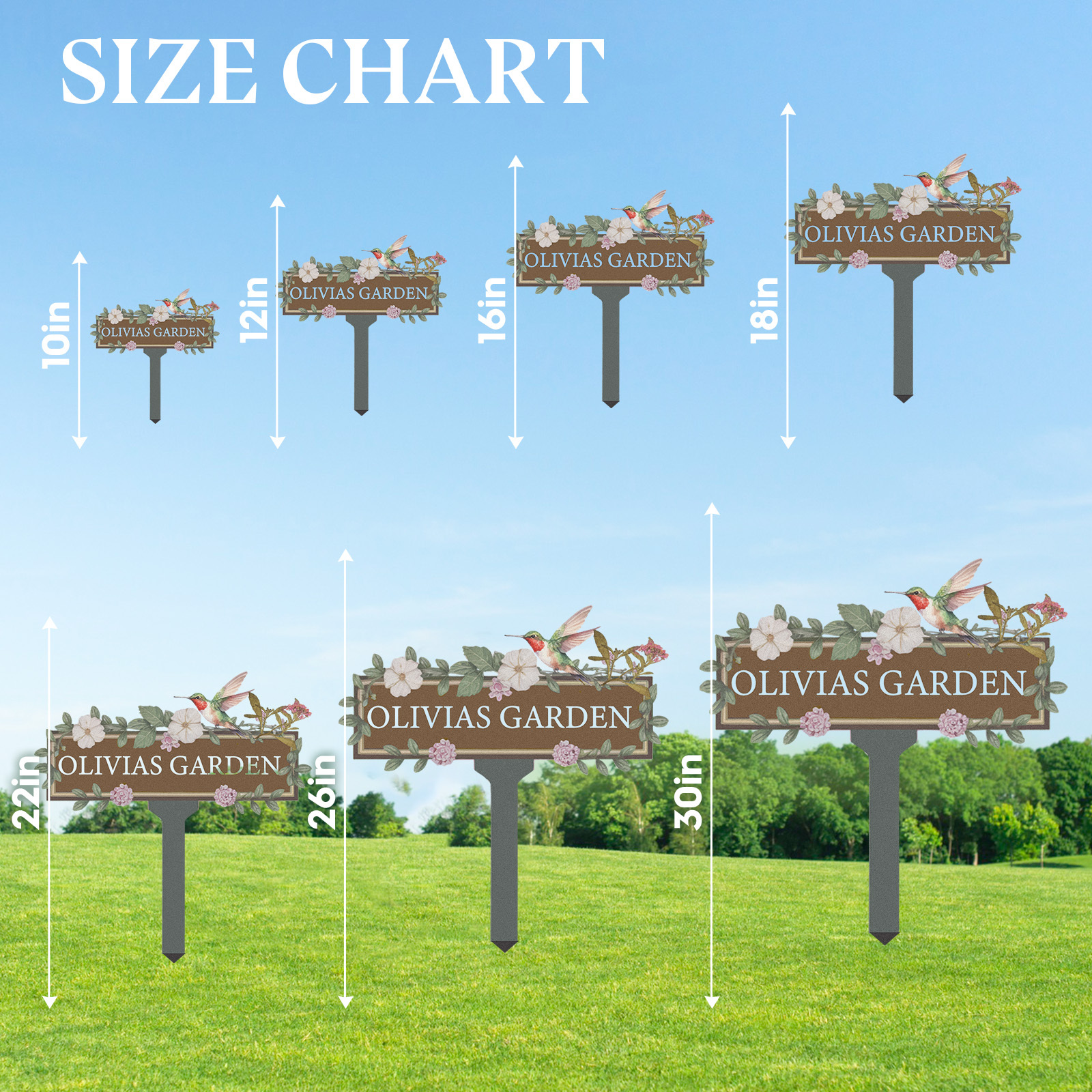 Custom Hummingbird Garden Sign, Personalized Brown Metal Floral Garden Name Sign for Yard or Patio, Outdoor Garden Decor with Vines and Flowers