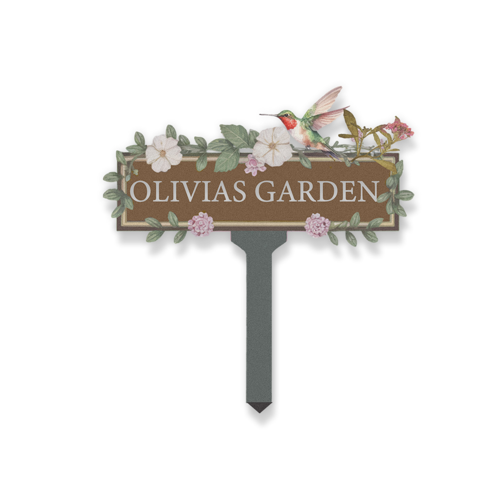 Custom Hummingbird Garden Sign, Personalized Brown Metal Floral Garden Name Sign for Yard or Patio, Outdoor Garden Decor with Vines and Flowers