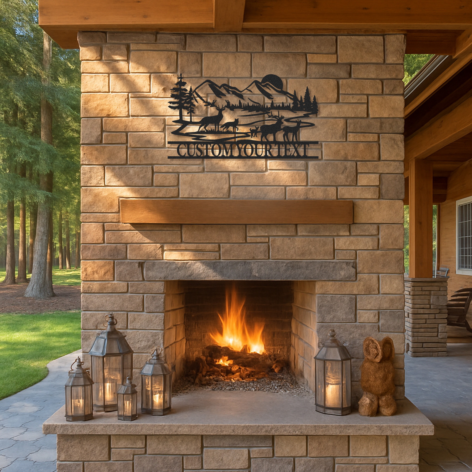 Personalized Mountain Forest Animal Sign, Custom Deer and Fox Metal Art for Camp or Porch Decor