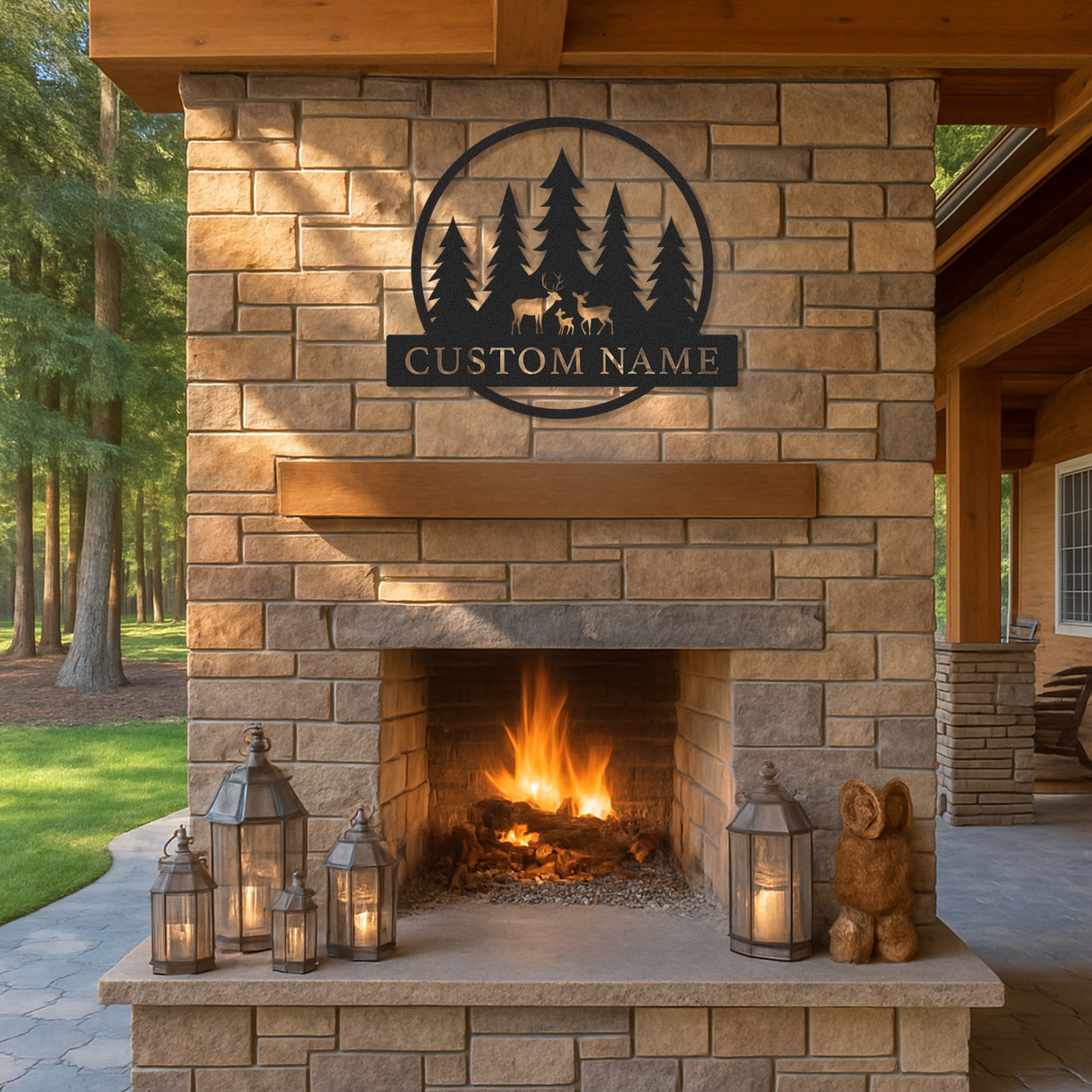 Custom Deer Family Forest Sign, Personalized Name Plate for Woodland Cabin Porch or Nature-Inspired Home Decor