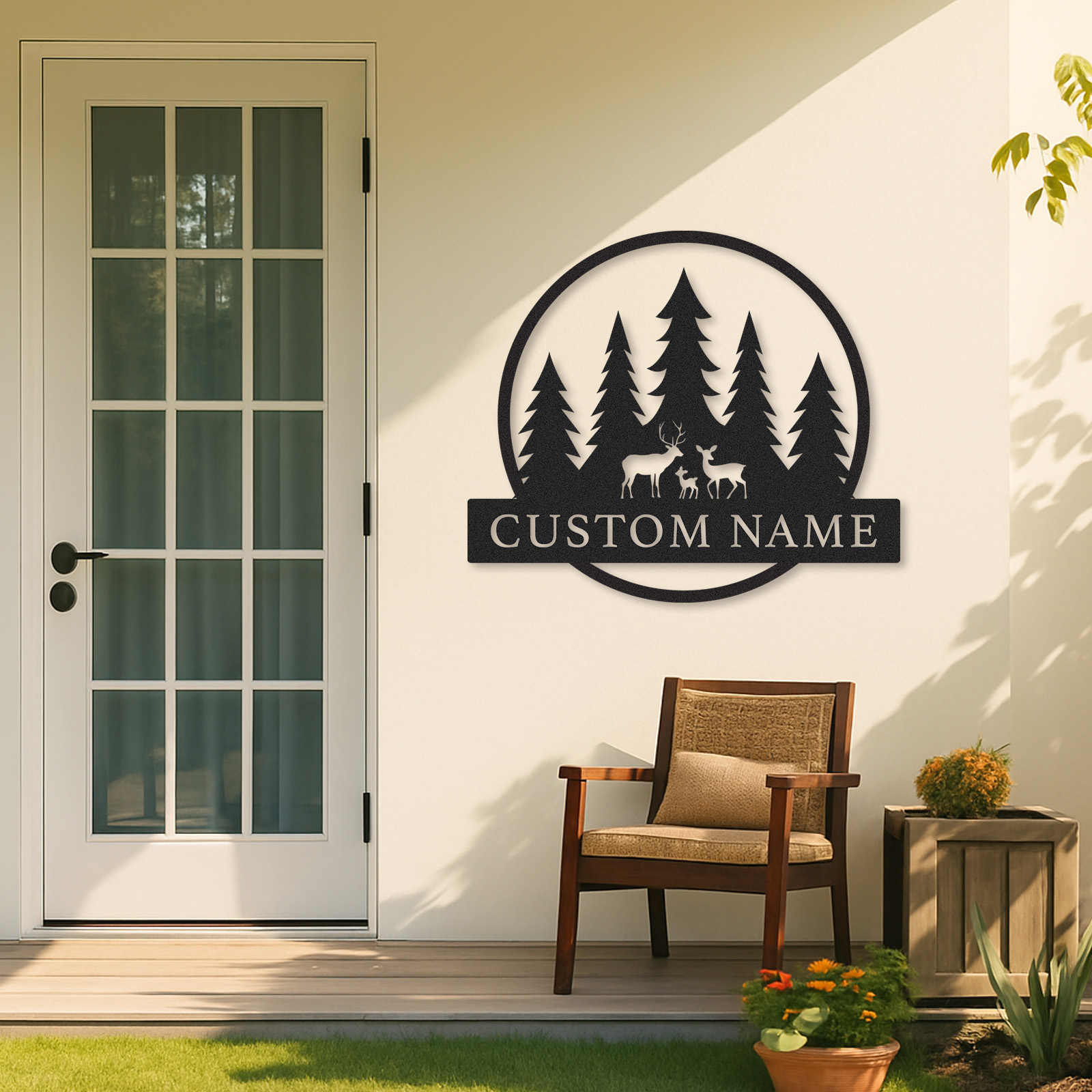 Custom Deer Family Forest Sign, Personalized Name Plate for Woodland Cabin Porch or Nature-Inspired Home Decor