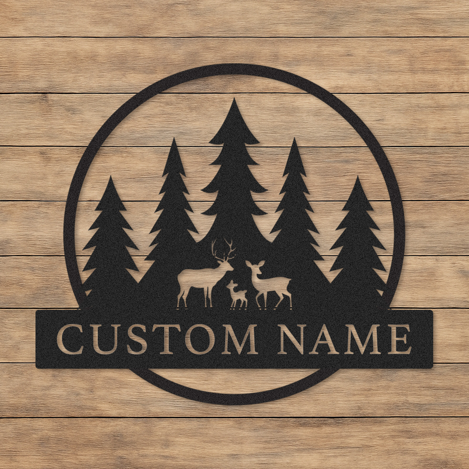 Custom Deer Family Forest Sign, Personalized Name Plate for Woodland Cabin Porch or Nature-Inspired Home Decor