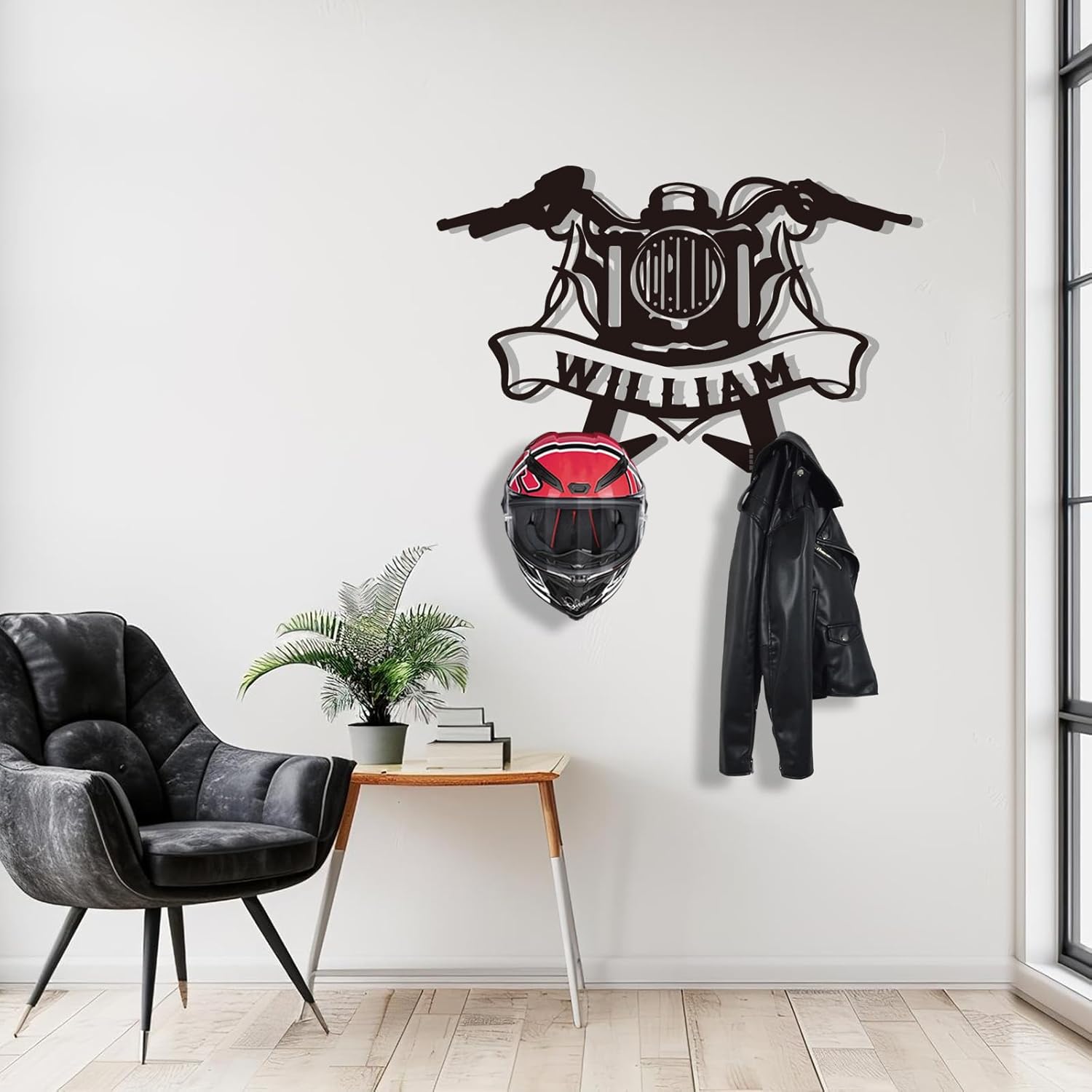 Custom Motorcycle Helmet Holder, Wall Mount Organizer with Hooks, Personalized Helmet Display-MetalsignX