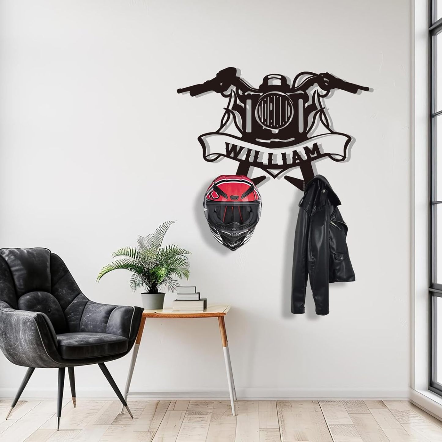 Custom Motorcycle Helmet Holder, Wall Mount Organizer with Hooks, Personalized Helmet Display-MetalsignX