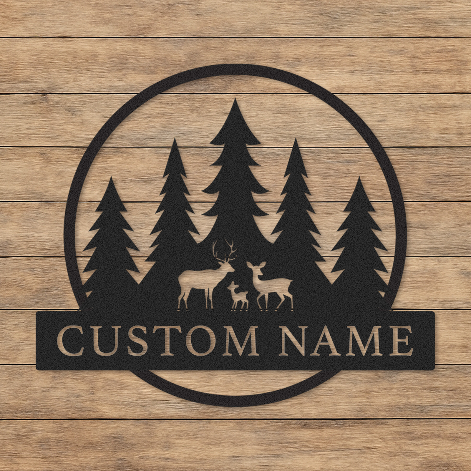 Custom Deer Family Forest Sign, Personalized Name Plate for Woodland Cabin Porch or Nature-Inspired Home Decor
