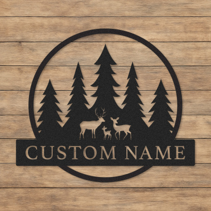 Custom Deer Family Forest Sign, Personalized Name Plate for Woodland Cabin Porch or Nature-Inspired Home Decor