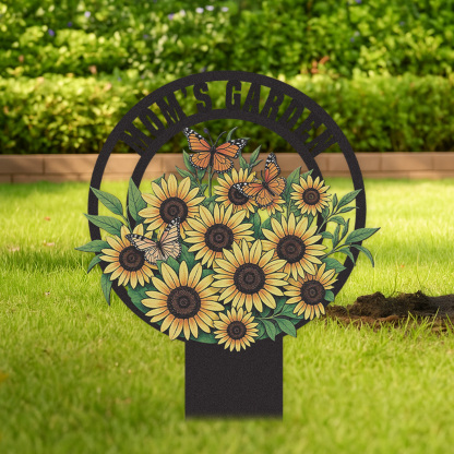 Personalized Sunflower Garden Sign, Custom Mom's Garden Metal Yard Stake with Butterflies, Colorful Garden Decor Outdoor Flower Sign for Mother's Garden
